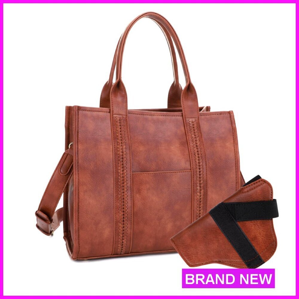 Faux Leather Tote Bag with Hidden Pocket Detachable Strap Spacious Organized